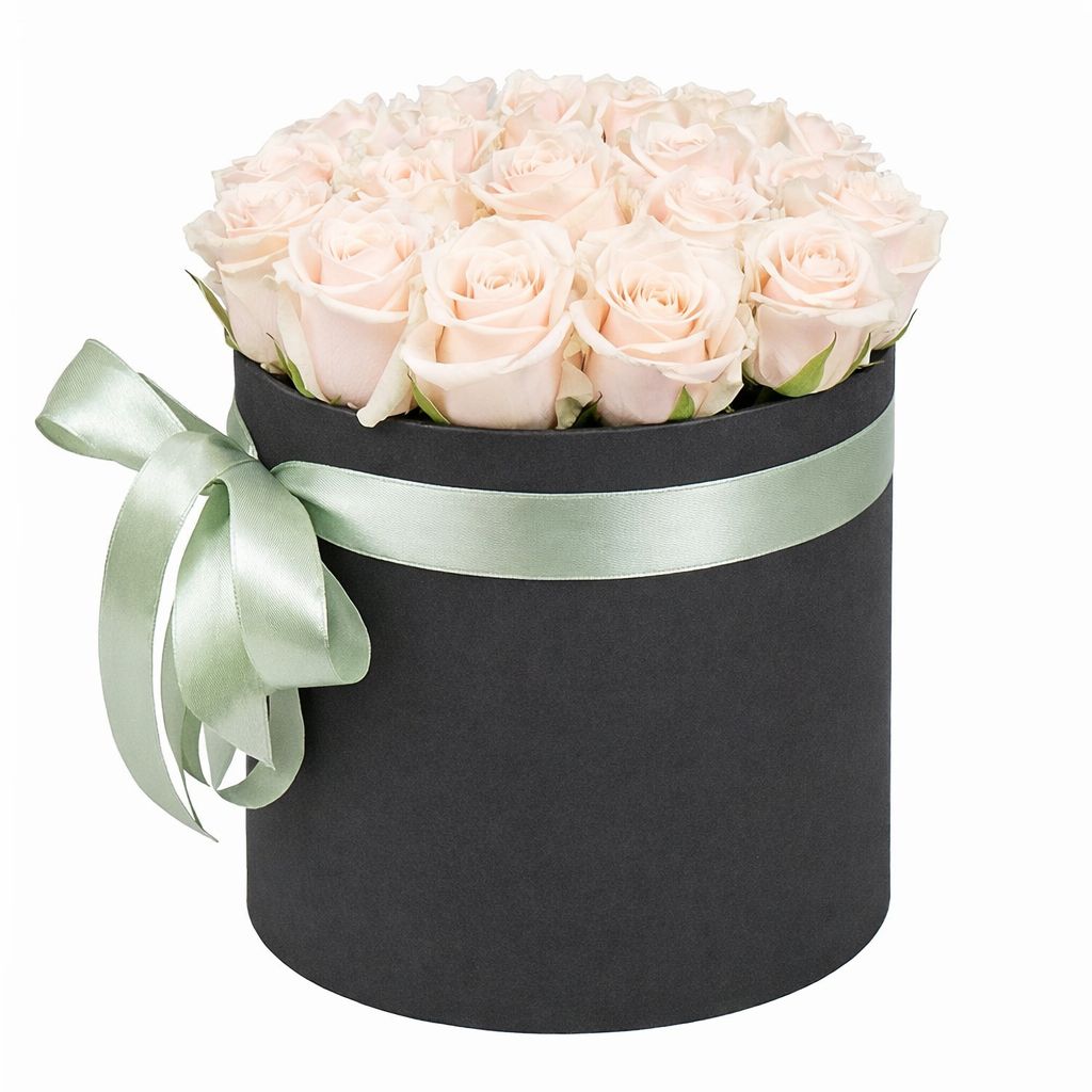 cream rose (21 pcs.), oasis, embossed box, packaging, ribbon