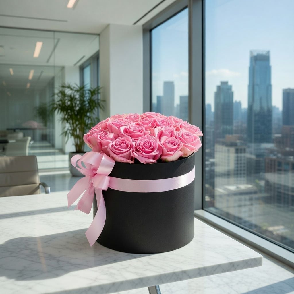 oasis, embossed box, pink rose (23 pcs.), packaging, ribbon