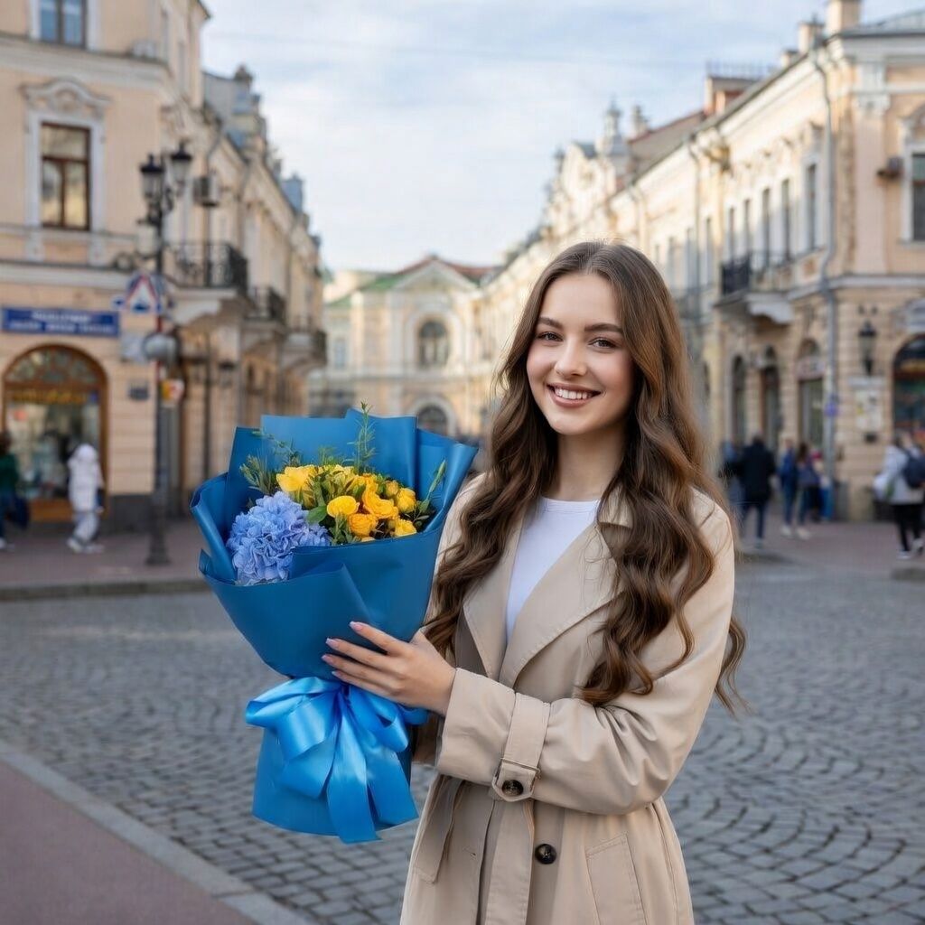 hydrangea, yellow rose (3 pcs.), yellow spray rose (3 pcs.), eucalyptus, packaging, ribbon