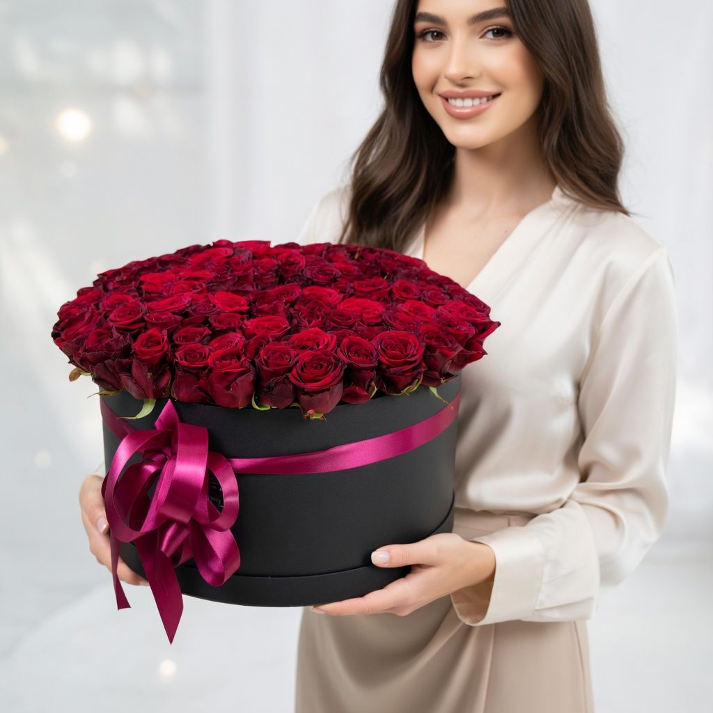 oasis, round box XXL 30x50cm, rose (101 pcs.), packaging, ribbon