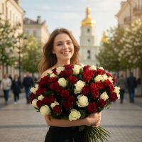 white rose (45 pcs.), packaging, ribbon; red rose (56 pcs.), packaging, ribbon