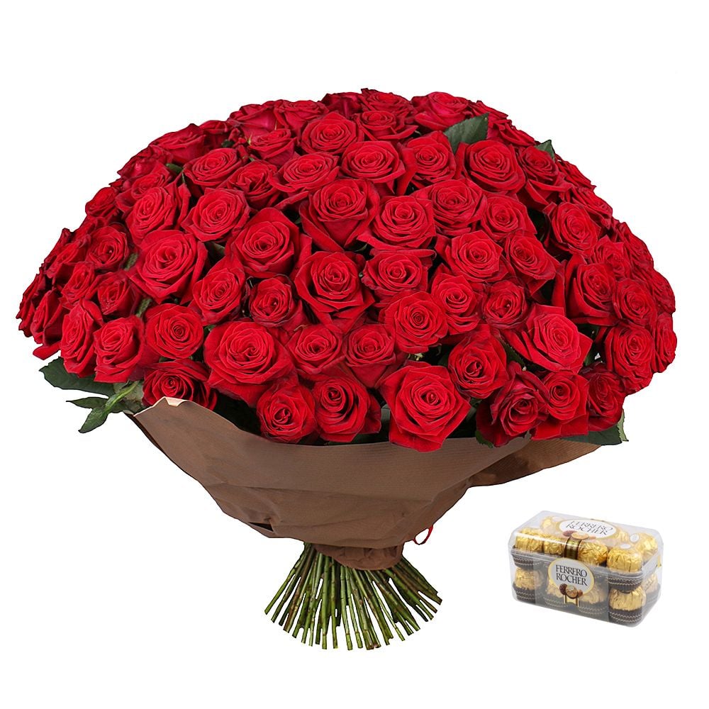 rose (101 pcs.), Ferrero Rocher candies 200 g, packaging, ribbon