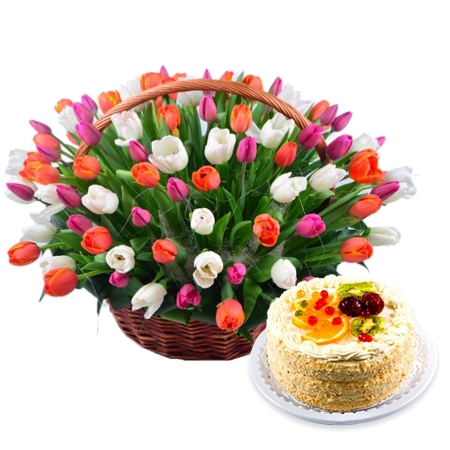 Bouquet 101 tulips + cake as a gift