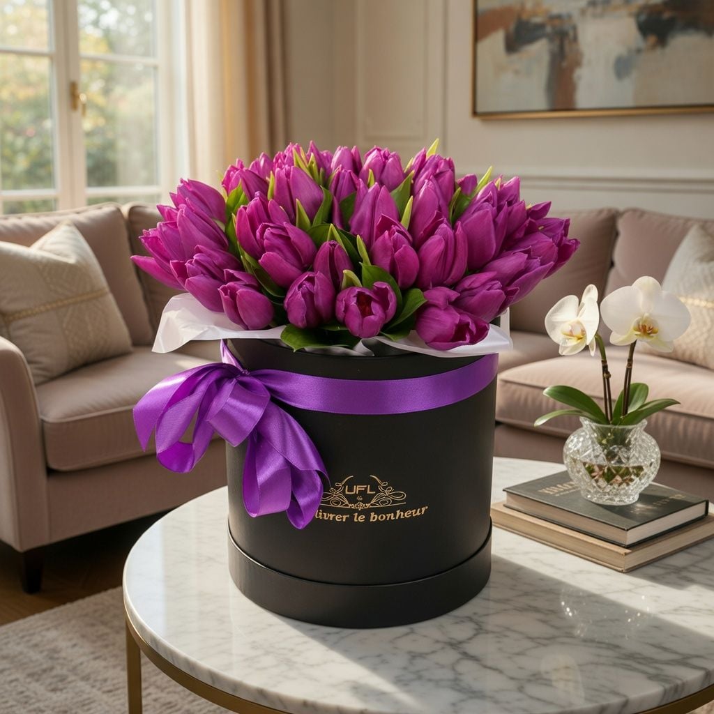 Bouquet Purple tulips in a box 35pcs