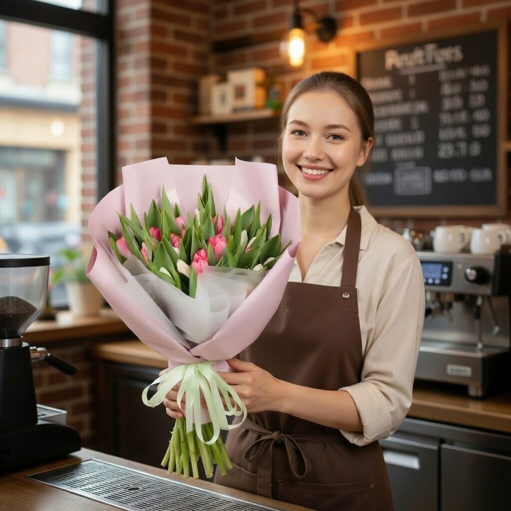 Bouquet 25 white and pink tulips