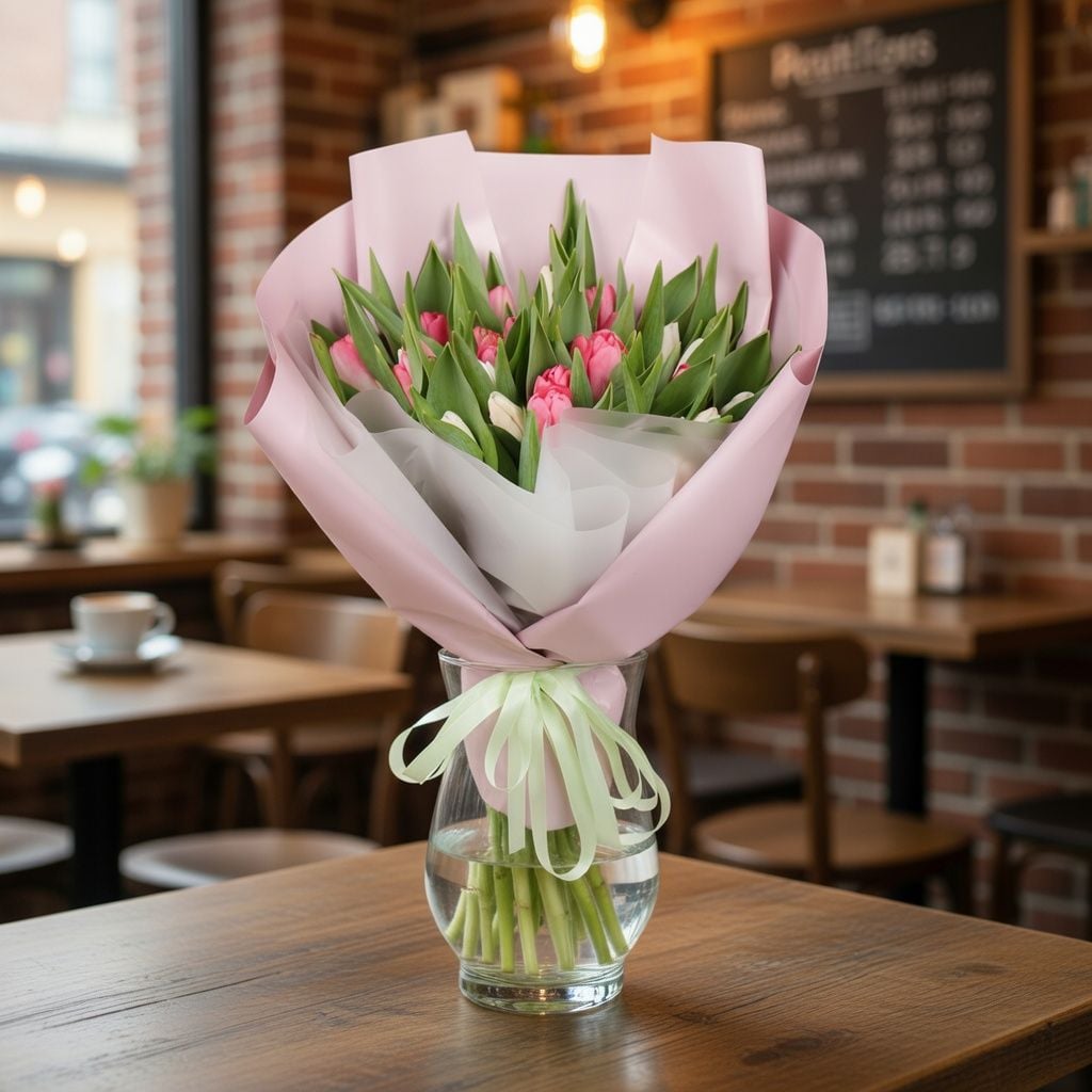 Bouquet 25 white and pink tulips