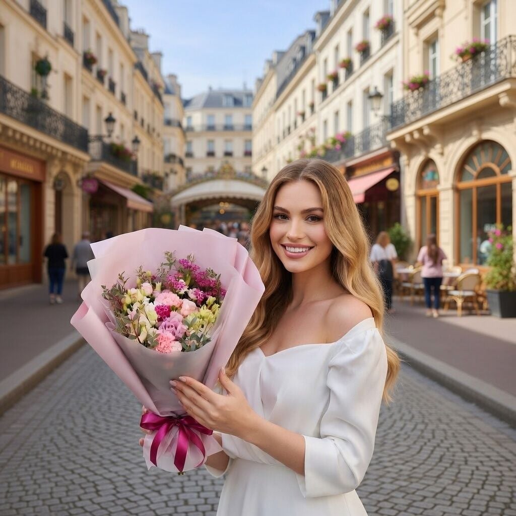 rose memory lane, white eustoma, pink spray roses, pink carnation, eucalyptus, chamelacium, packaging, ribbon