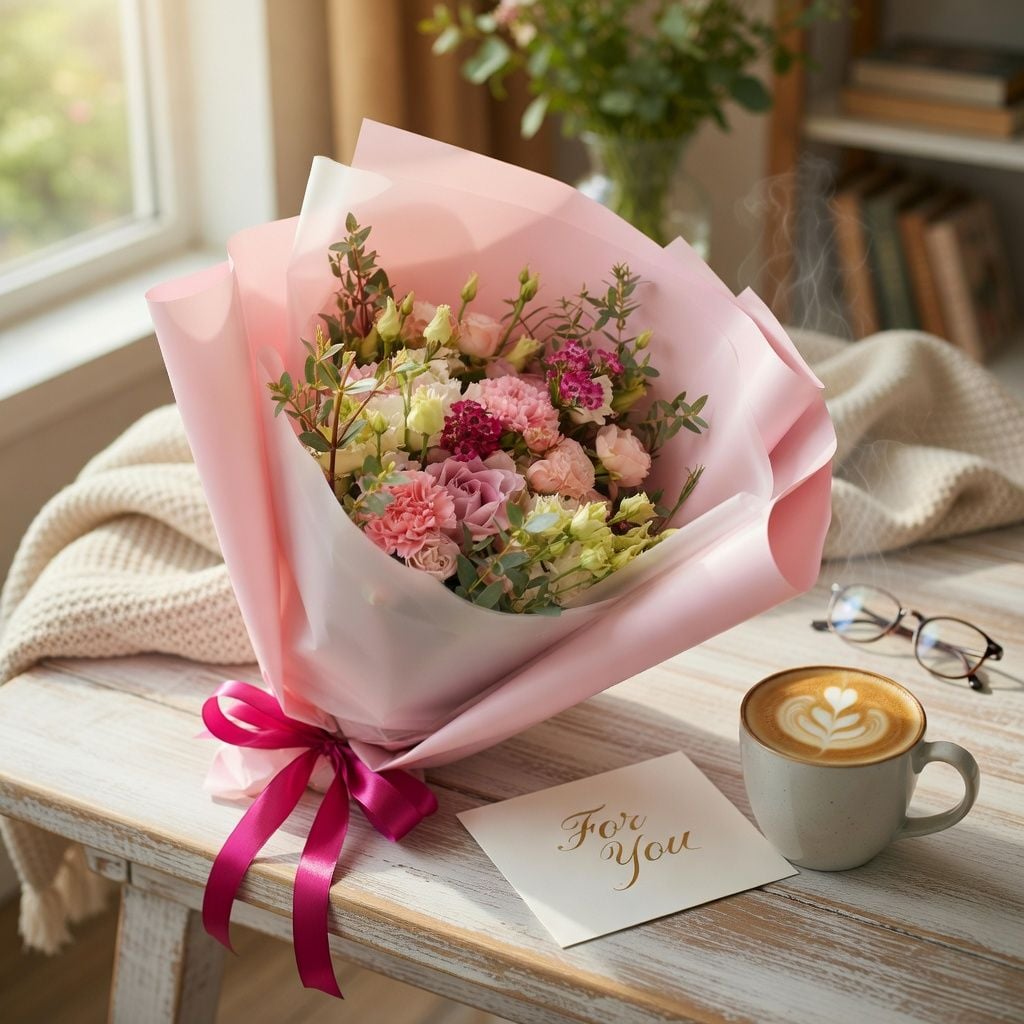 rose memory lane, white eustoma, pink spray roses, pink carnation, eucalyptus, chamelacium, packaging, ribbon