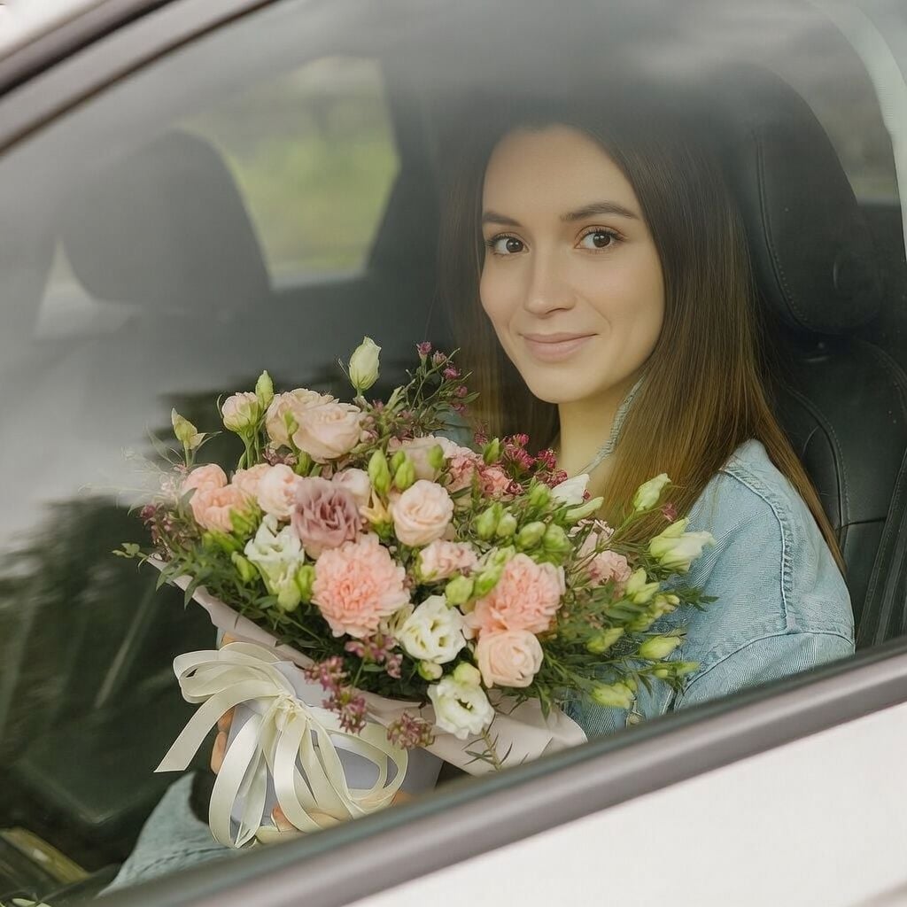 rose memory lane, white eustoma, pink spray roses, pink carnation, eucalyptus, chamelacium, packaging, ribbon