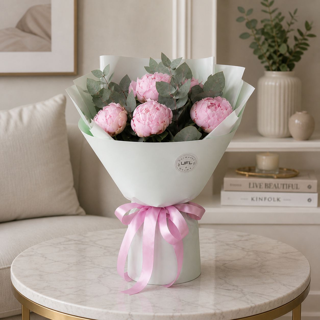 peony, eucalyptus (7 pcs.), packaging, ribbon