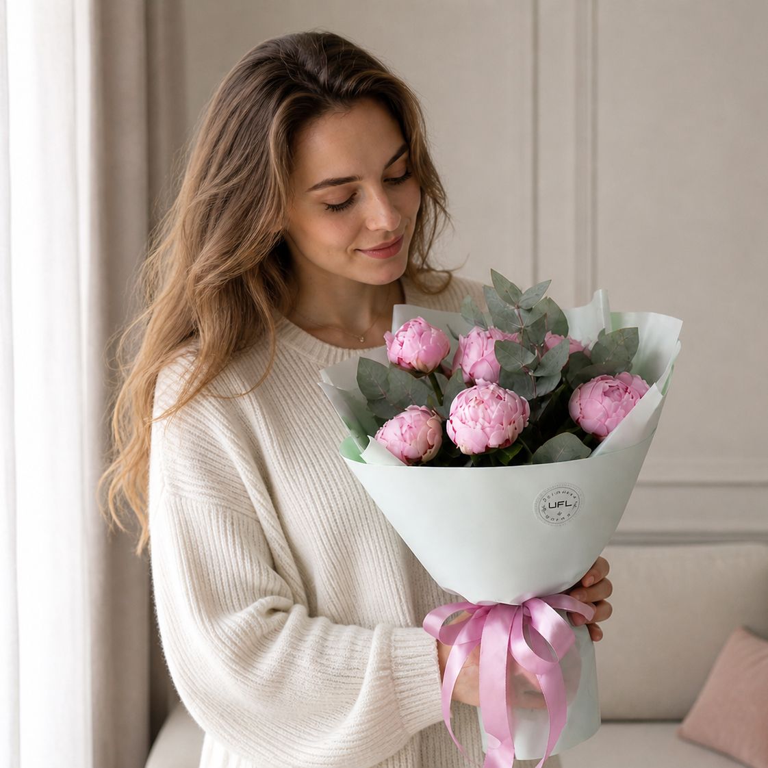 peony, eucalyptus (7 pcs.), packaging, ribbon