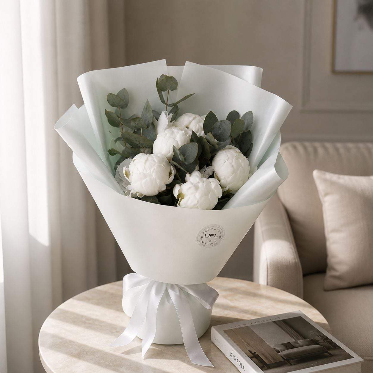peony (7 pcs.), eucalyptus, packaging, ribbon