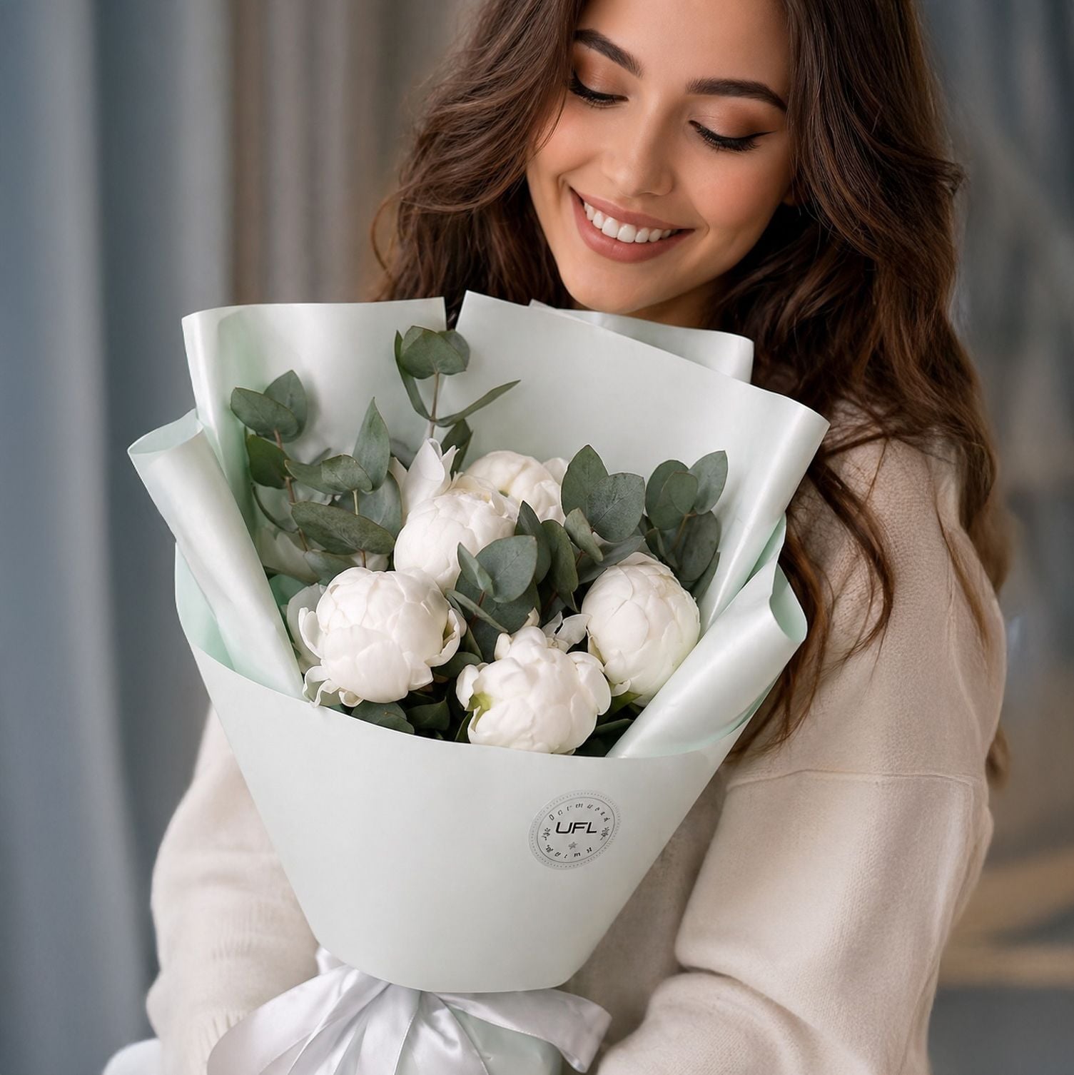 peony (7 pcs.), eucalyptus, packaging, ribbon