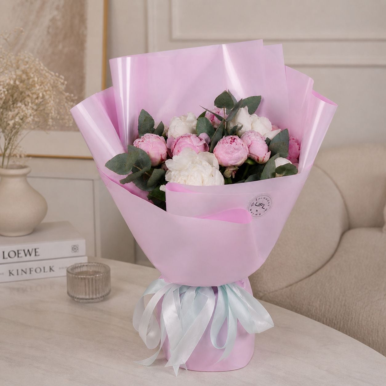 white peony (7 pcs.), pink peony, eucalyptus, packaging, ribbon