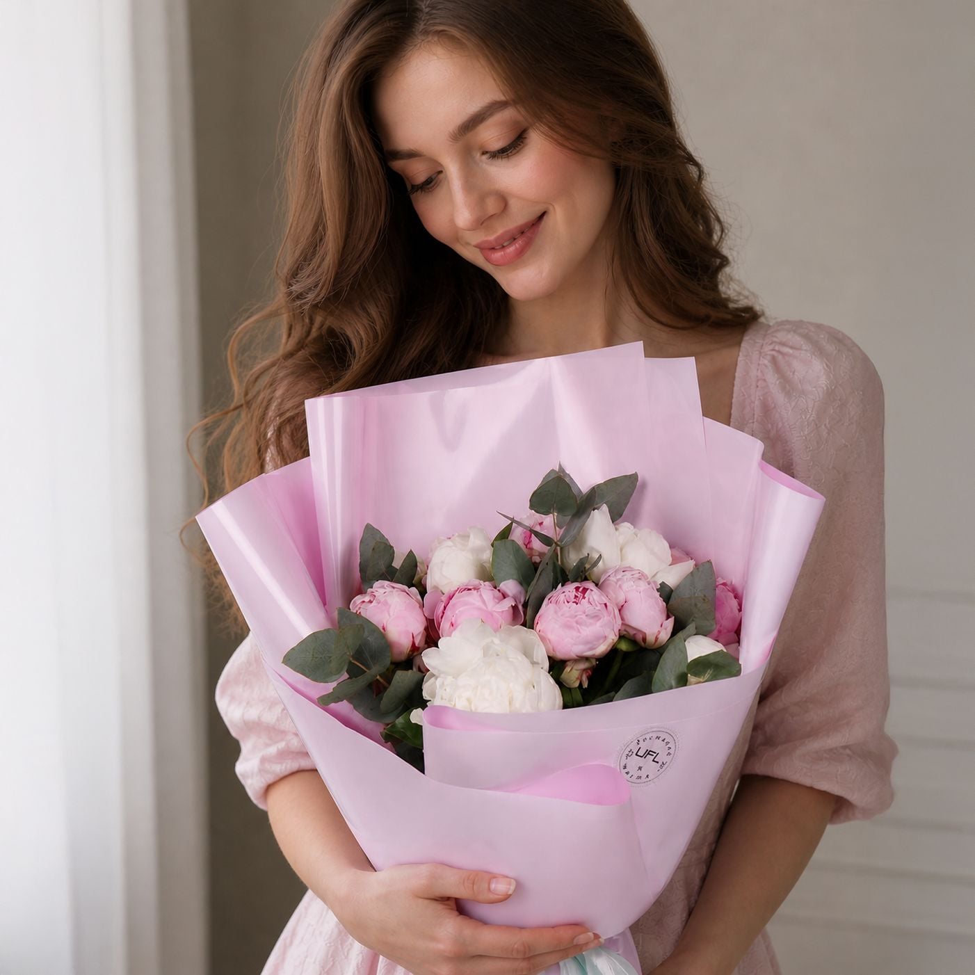 white peony (7 pcs.), pink peony, eucalyptus, packaging, ribbon