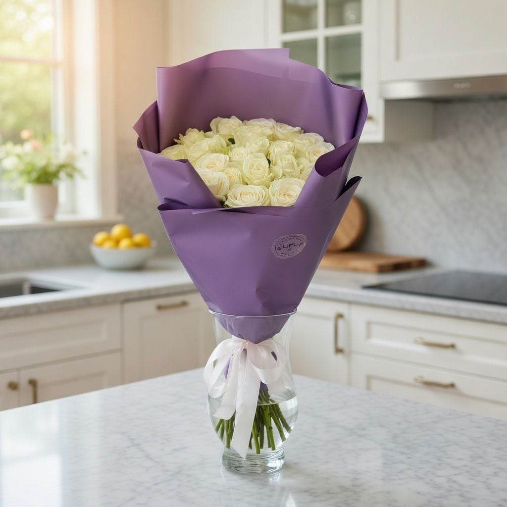 white rose (25 pcs.), packaging, ribbon