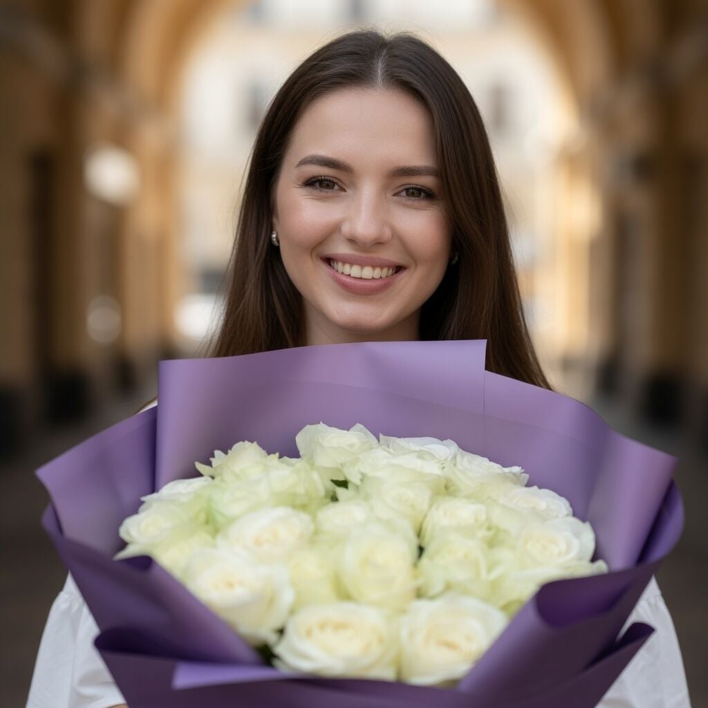 white rose (25 pcs.), packaging, ribbon