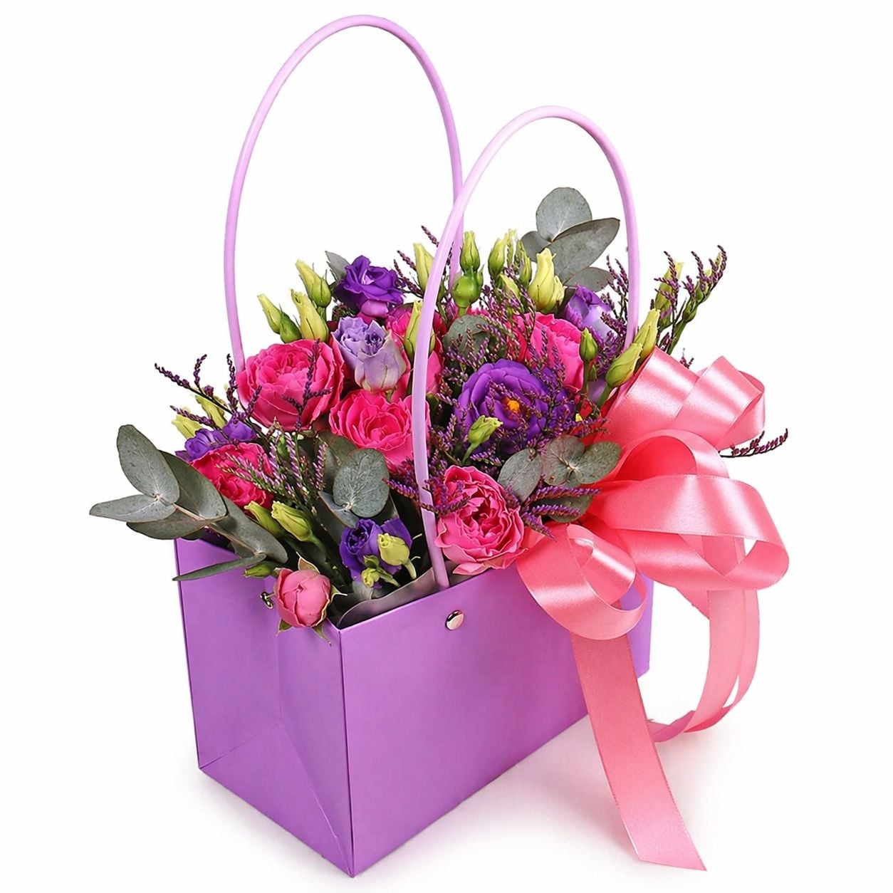 eustoma, eucalyptus, limonium, oasis, floral bag, packaging, ribbon