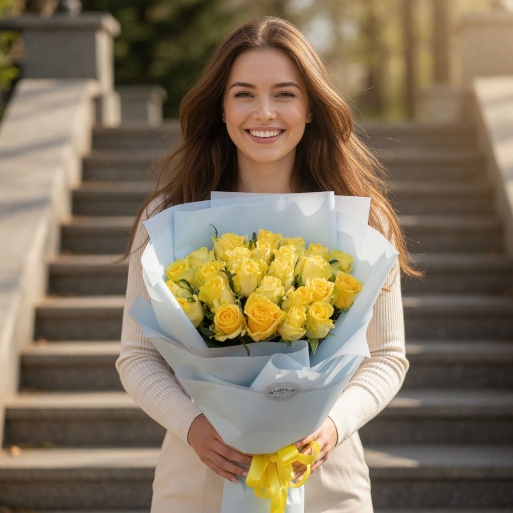 yellow rose (25 pcs.), packaging, ribbon