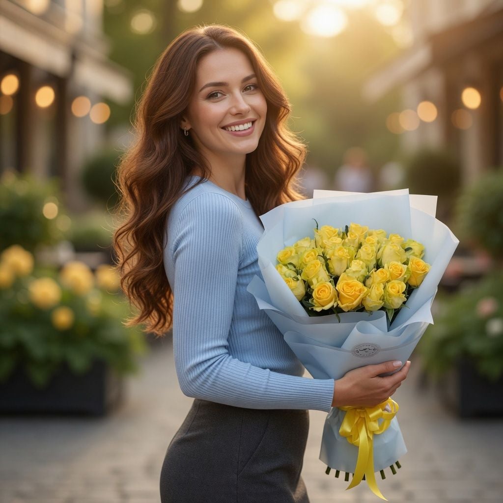 yellow rose (25 pcs.), packaging, ribbon