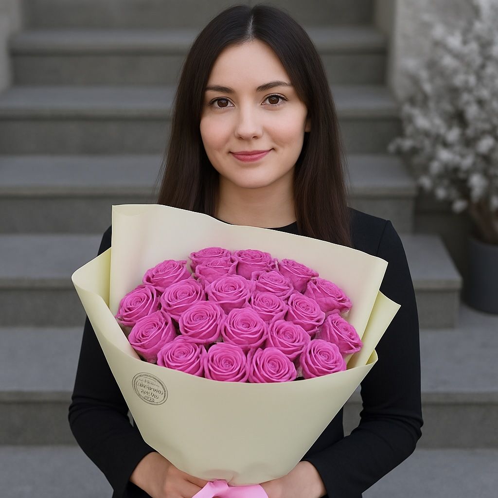 pink rose (25 pcs.), packaging, ribbon