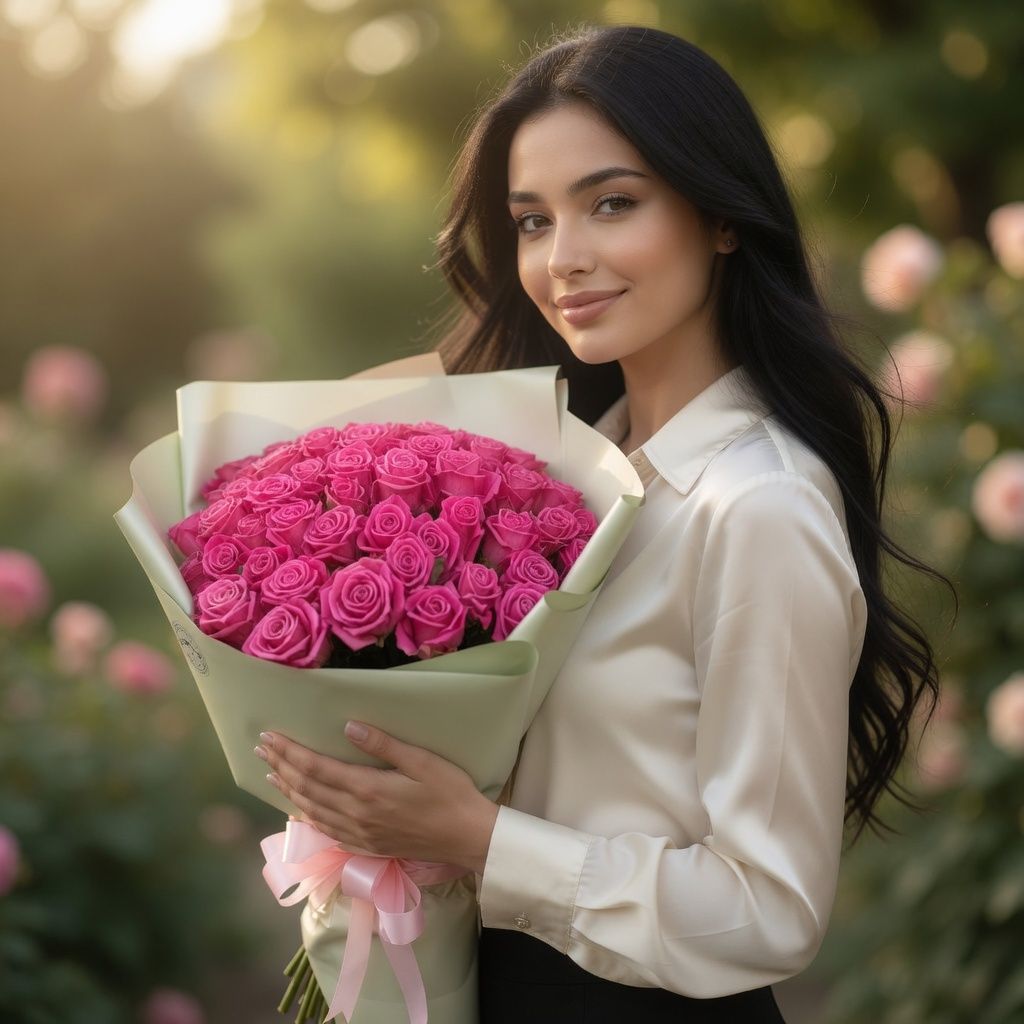 pink rose (51 pcs.), packaging, ribbon