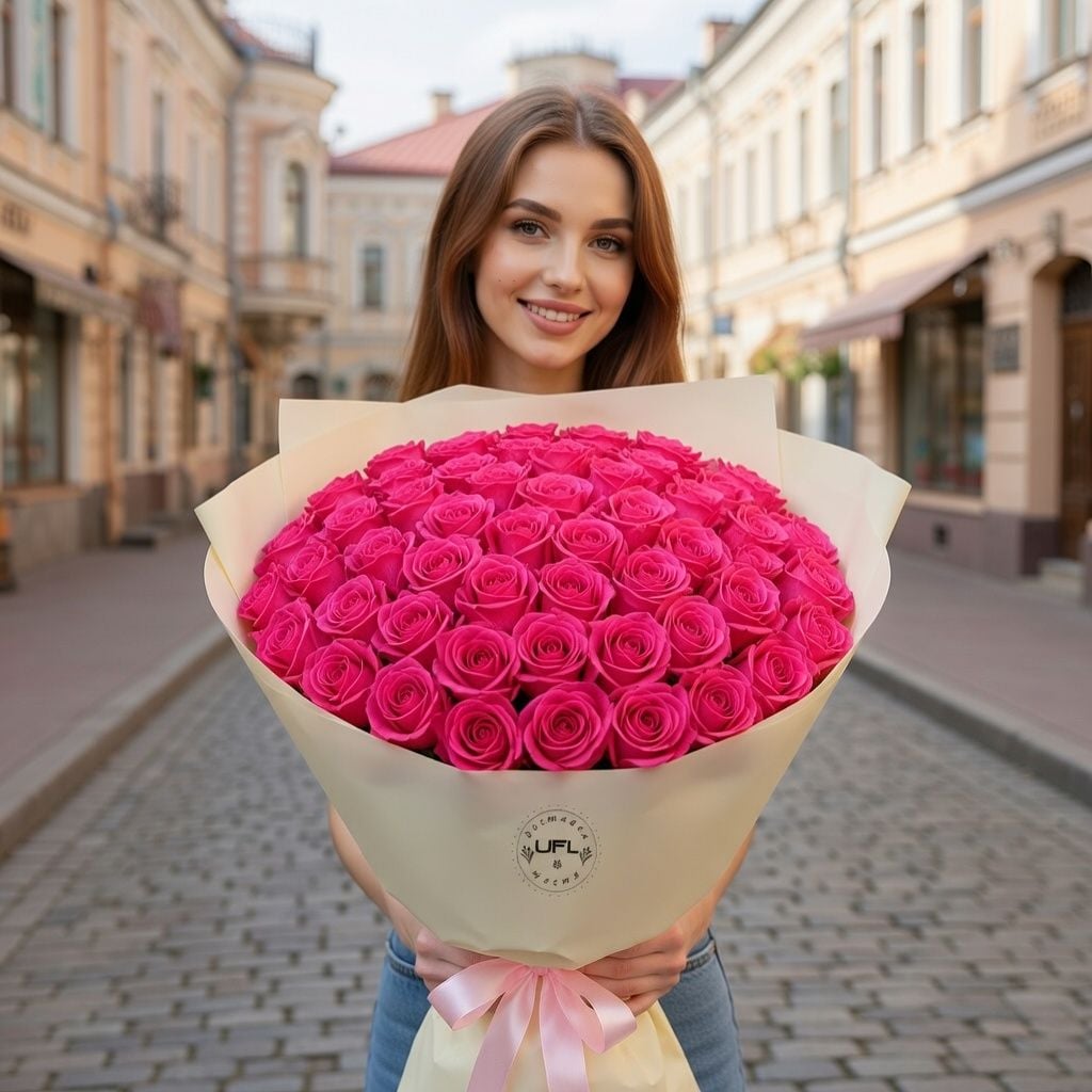 pink rose (51 pcs.), packaging, ribbon