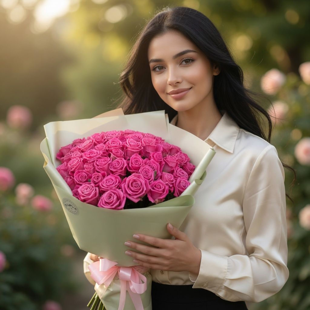 pink rose (51 pcs.), packaging, ribbon