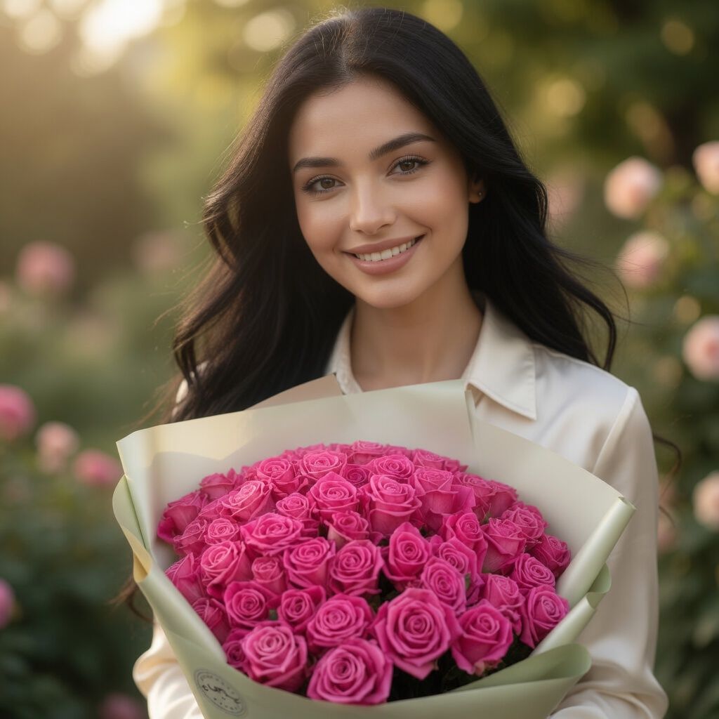 pink rose (51 pcs.), packaging, ribbon