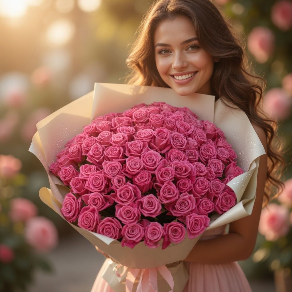 pink rose (101 pcs.), packaging, ribbon