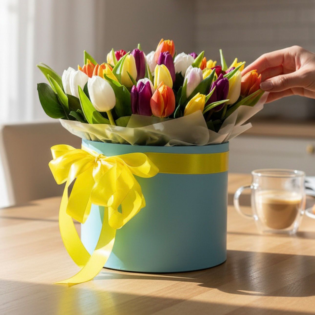 Bouquet Send spring Tulips in a box 45pcs