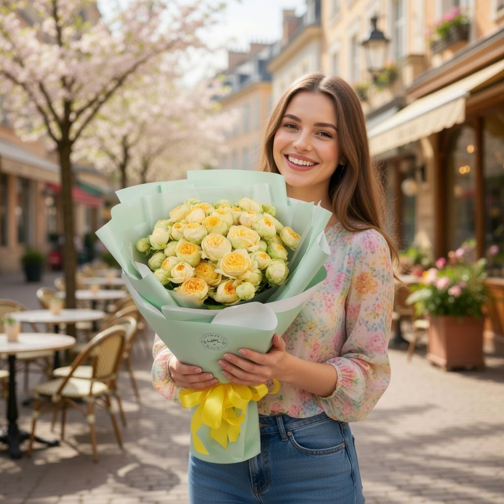 yellow rose peony bubbles (19 pcs.), packaging, ribbon