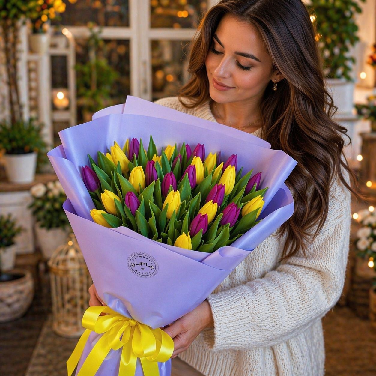 Bouquet 25 yellow and purple tulips