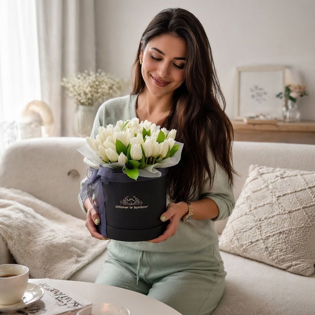 Bouquet White tulips in a box 45pcs