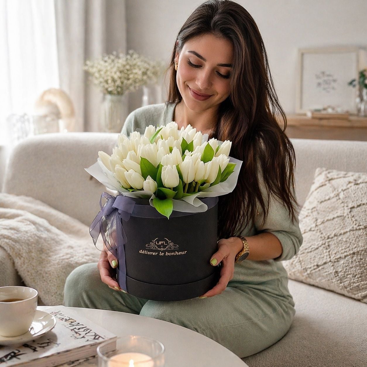 Bouquet White tulips in a box 45pcs