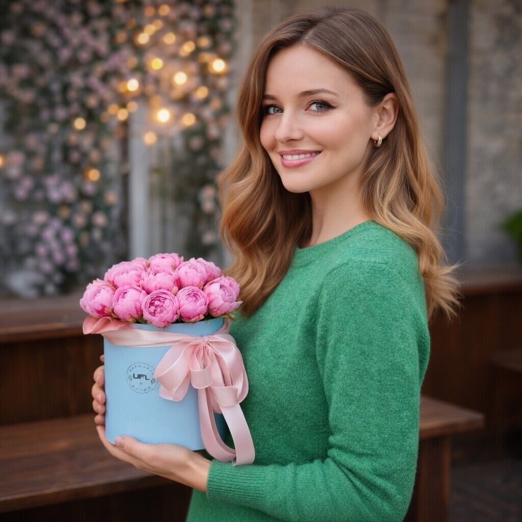 rose silva pink bubbles (9 pcs.), round box, oasis, packaging, ribbon