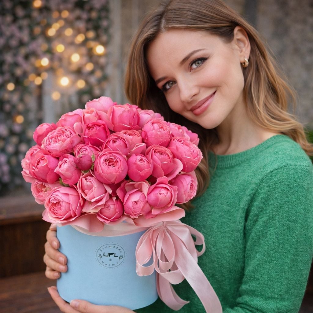 rose silva pink bubbles (9 pcs.), round box, oasis, packaging, ribbon