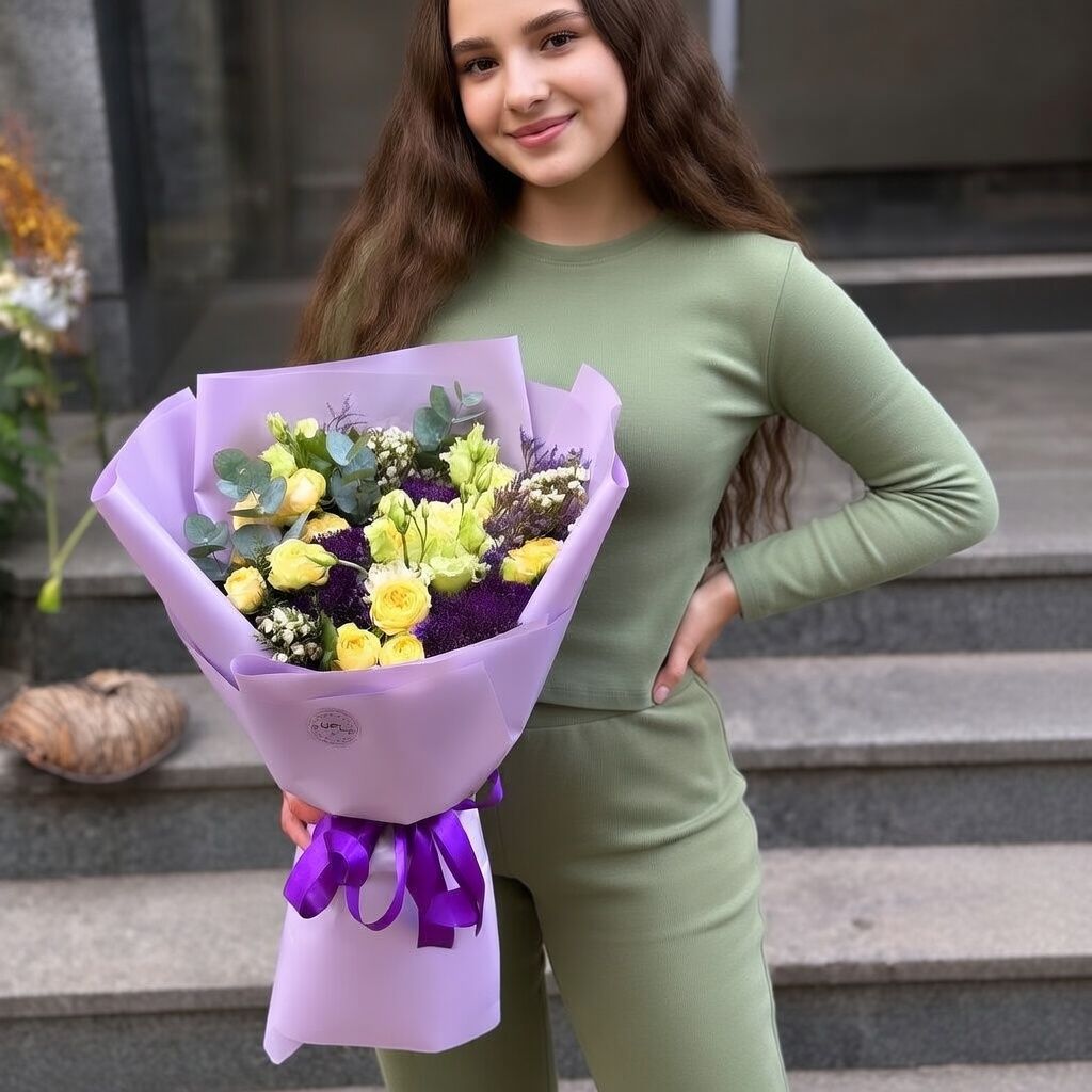 yellow rose, peony bubbles (6 pcs.), light green eustoma, purple trachelium, limonium, white chamelacium, packaging, ribbon