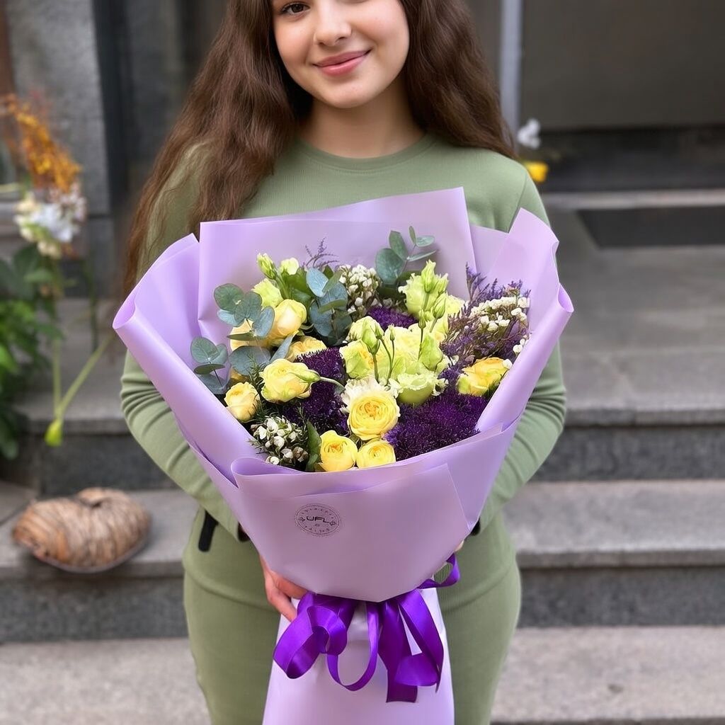 yellow rose, peony bubbles (6 pcs.), light green eustoma, purple trachelium, limonium, white chamelacium, packaging, ribbon