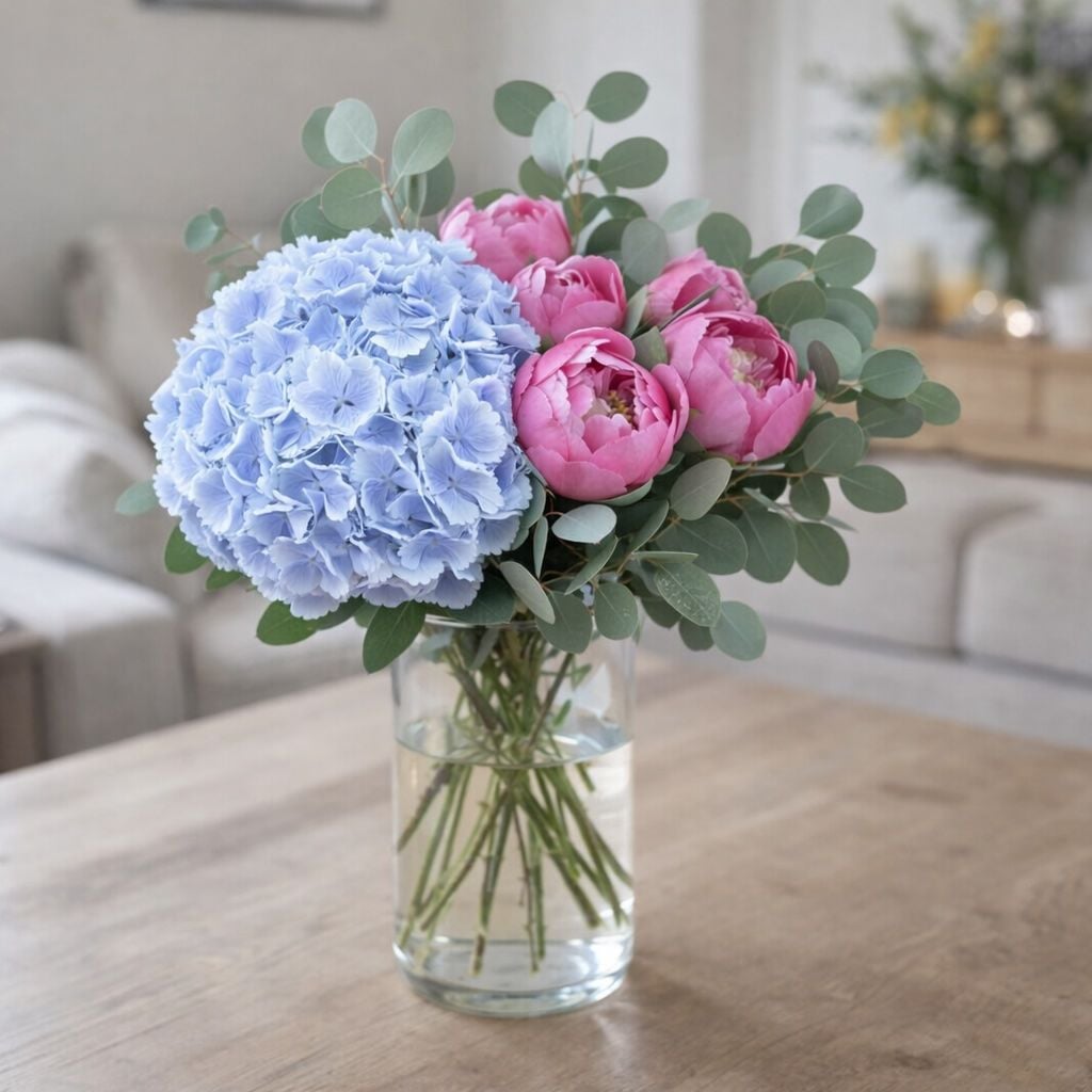 hydrangea, peony (7 pcs.), eucalyptus, packaging, ribbon