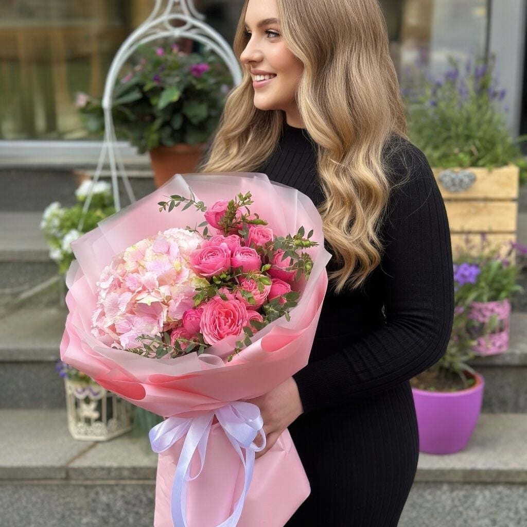 pink hydrangea, rose silva pink bubbles (5 pcs.), eucalyptus (2 pcs.), packaging, ribbon