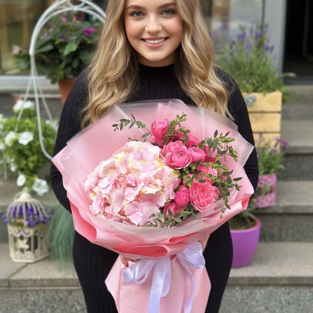 pink hydrangea, rose silva pink bubbles (5 pcs.), eucalyptus (2 pcs.), packaging, ribbon