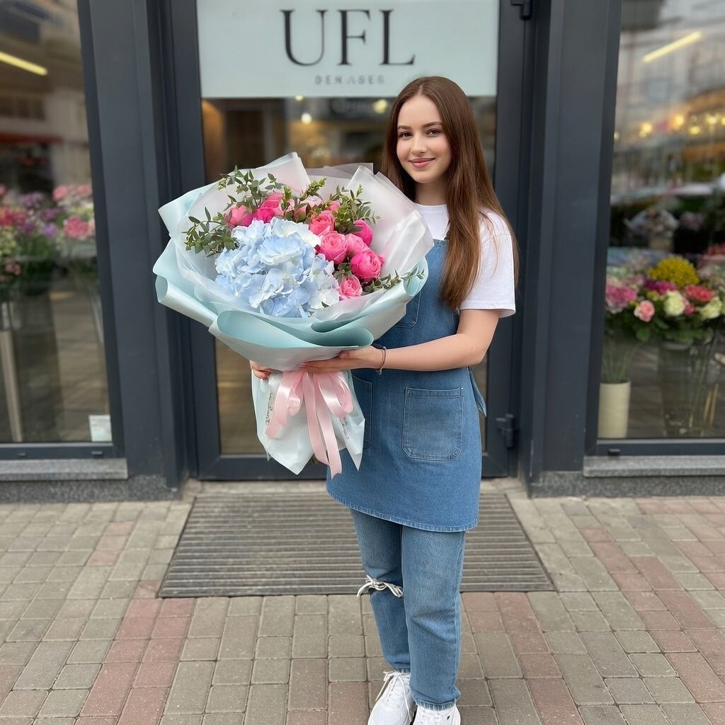 hydrangea, rose silva pink bubbles (5 pcs.), eucalyptus, packaging, ribbon