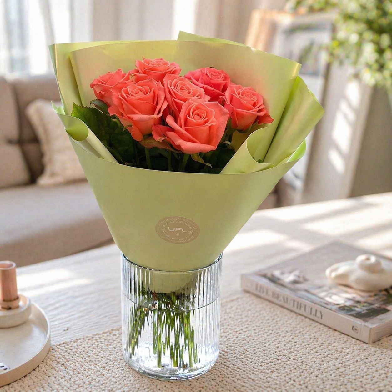 coral rose (7 pcs.), packaging, ribbon