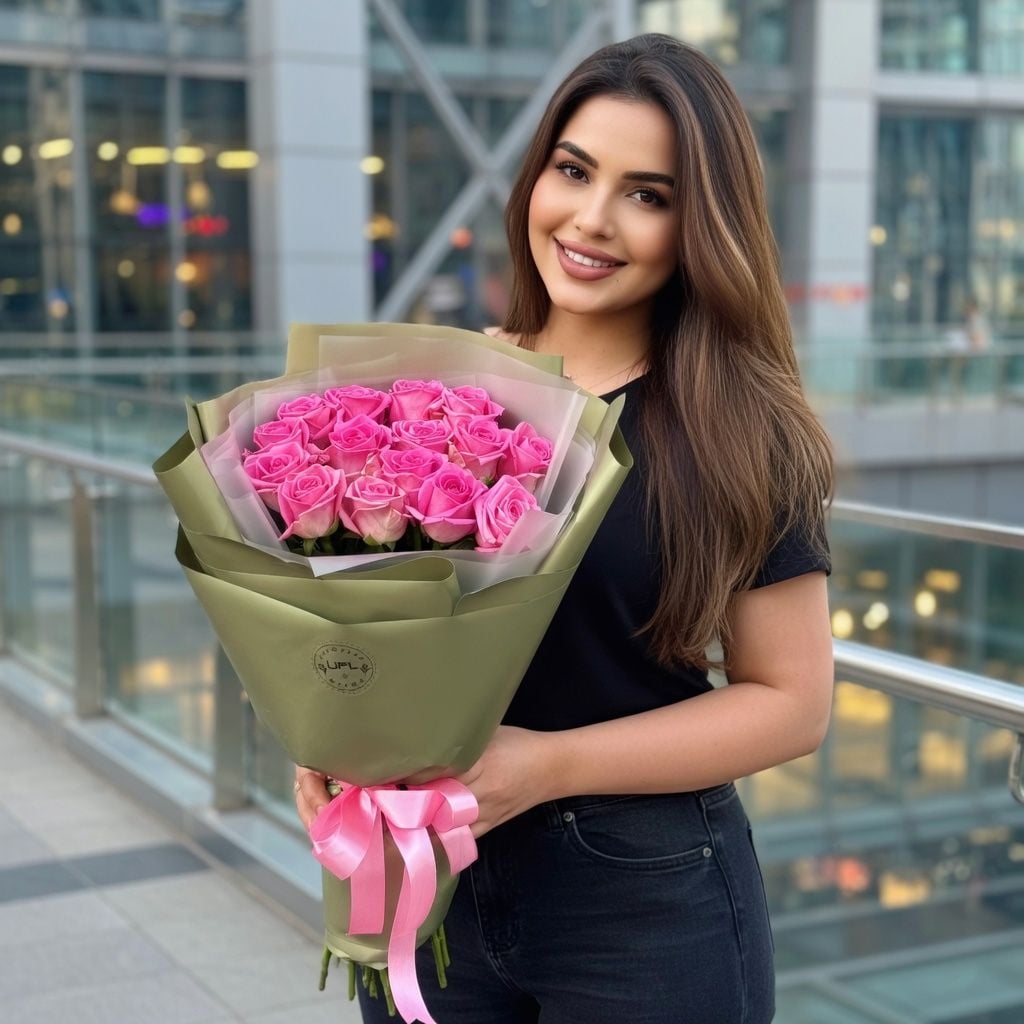 pink rose (15 pcs.), packaging, ribbon