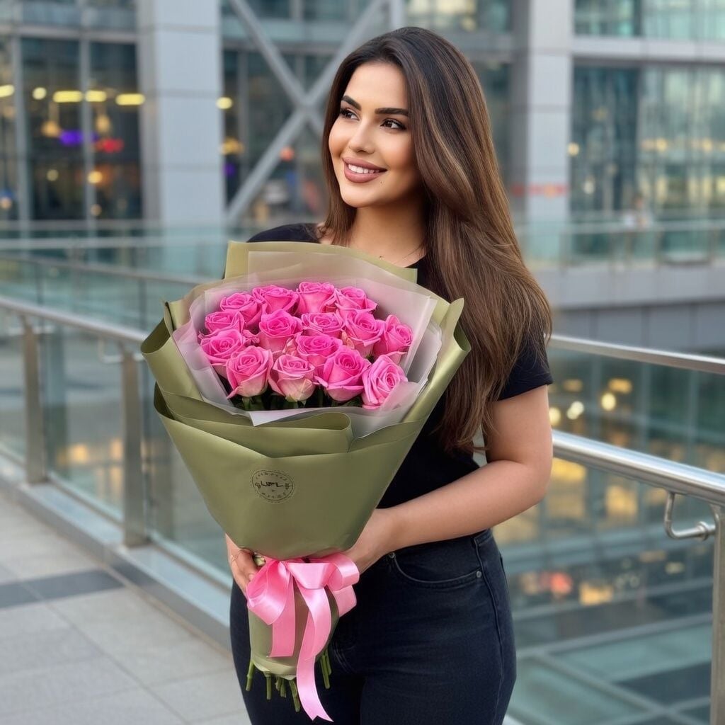 pink rose (15 pcs.), packaging, ribbon