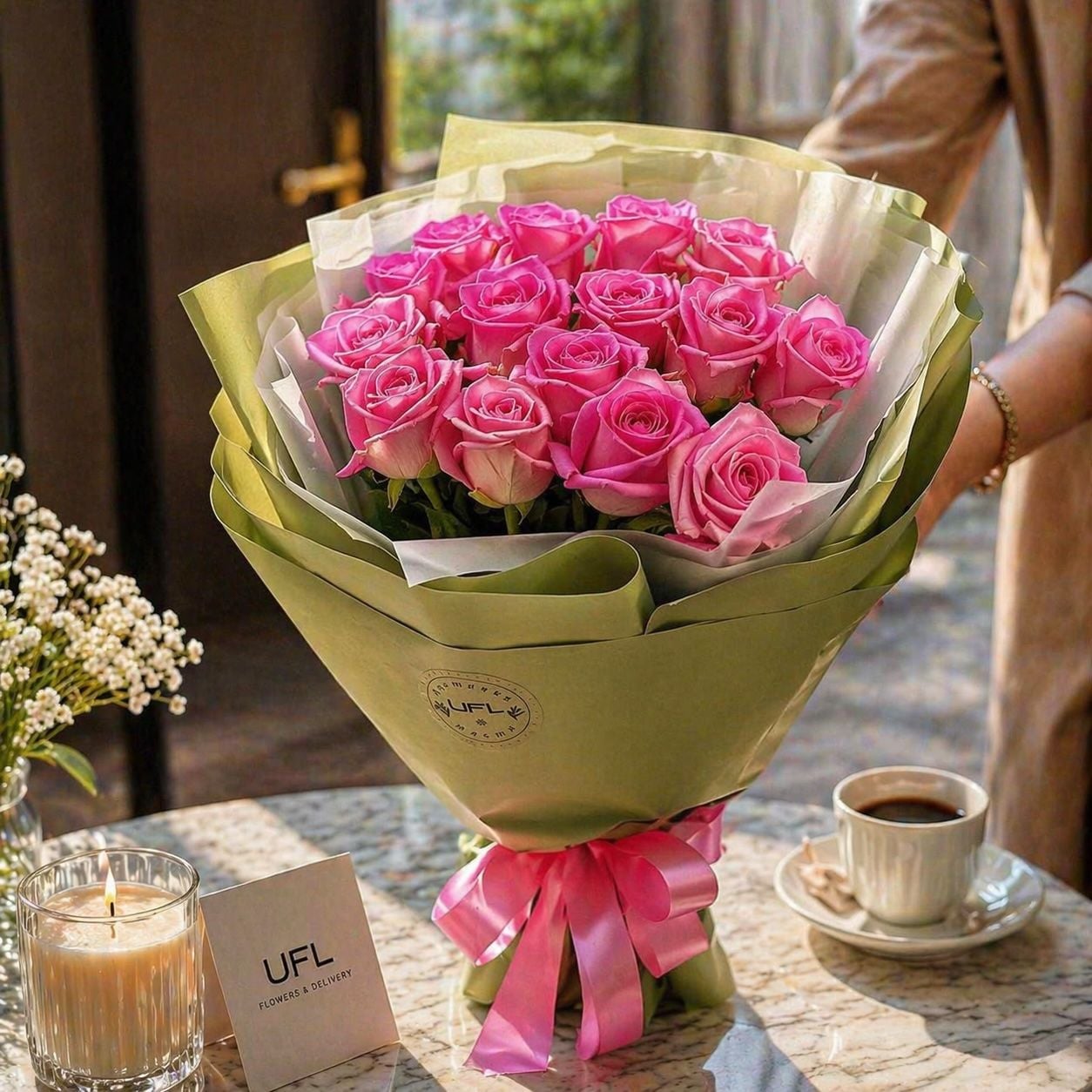 pink rose (15 pcs.), packaging, ribbon