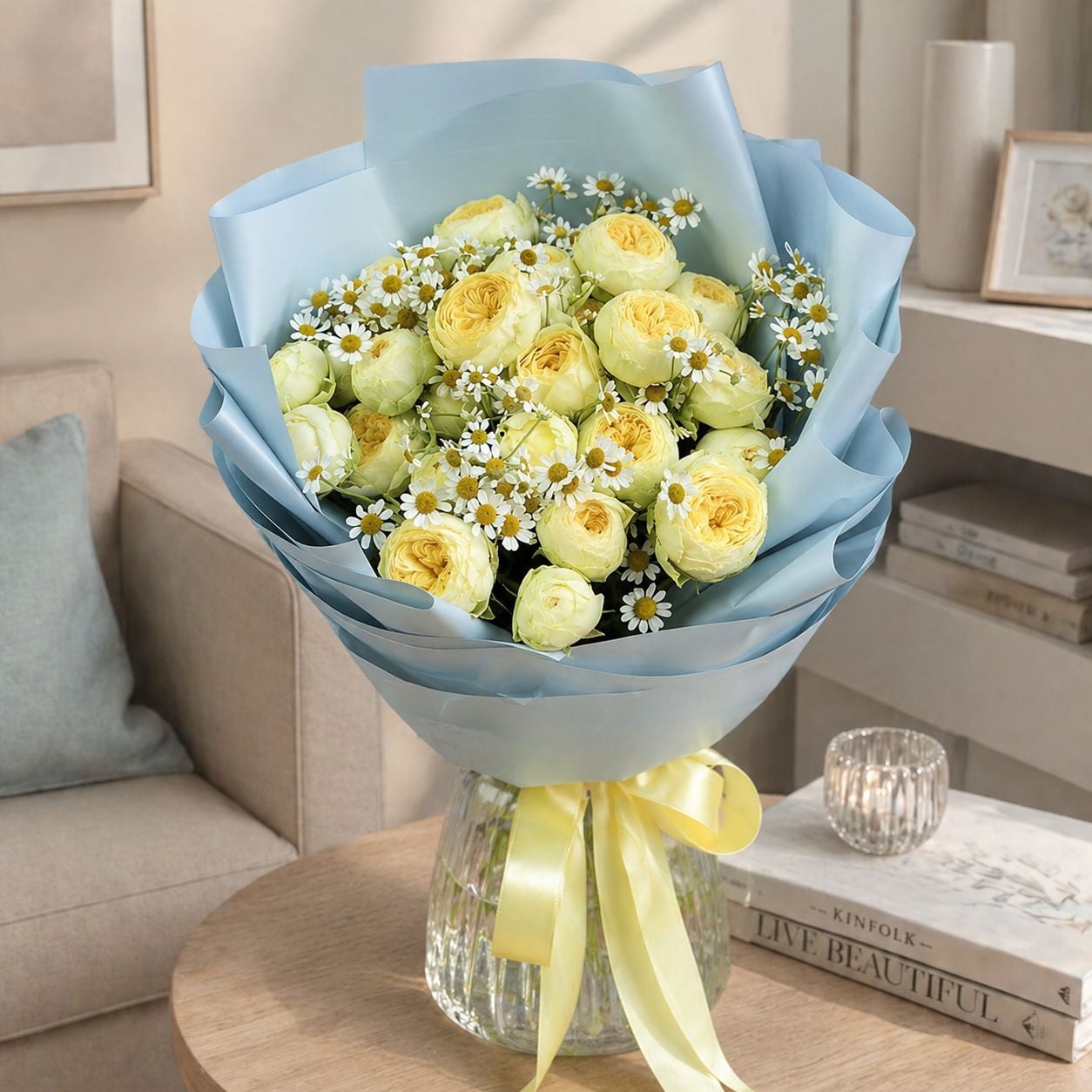 yellow rose, peony bubbles (7 pcs.), tanacetum, packaging, ribbon