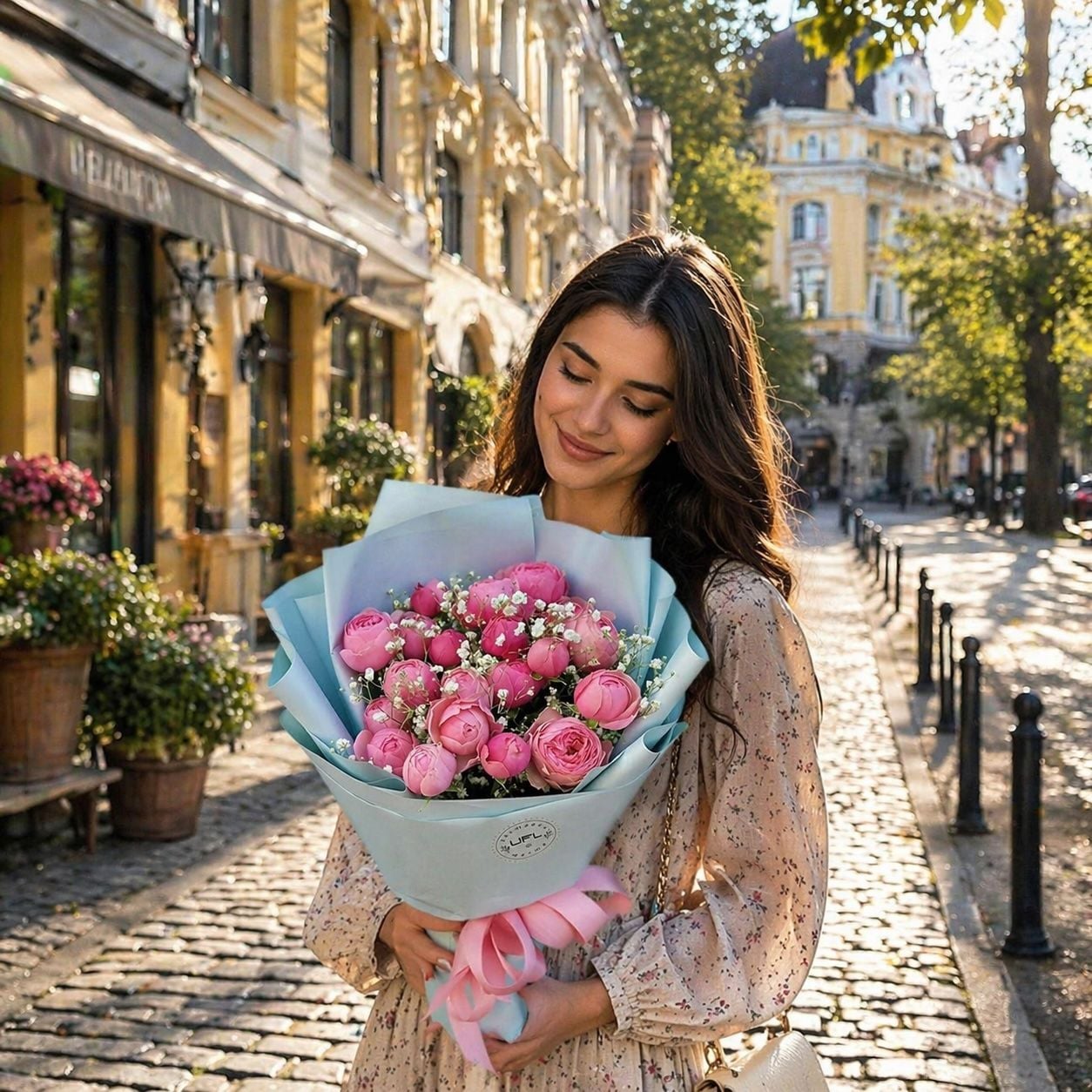 rose (7 pcs.), gypsophila, packaging, ribbon