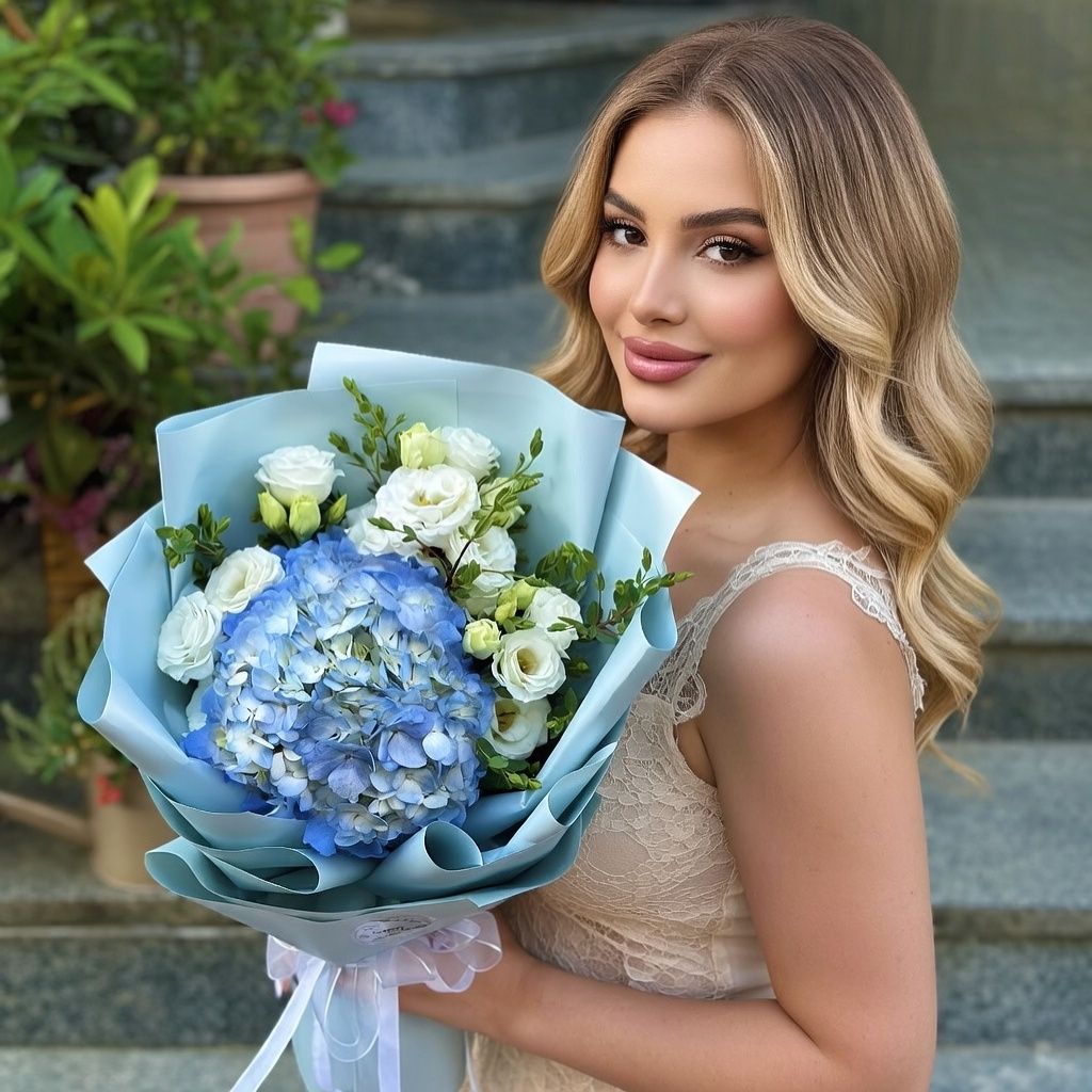 hydrangea, eustoma (3 pcs.), eucalyptus, packaging, ribbon